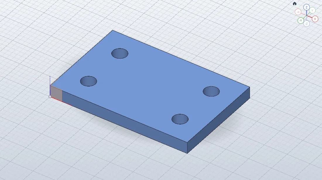Echte SolidCraft-Modellansicht: Montageplatte, 60 × 40 × 5 mm · Bohrungen Ø6 mm