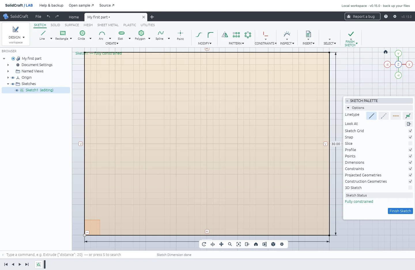 The browser example’s 40 mm and 30 mm driving dimensions in Sketch1.